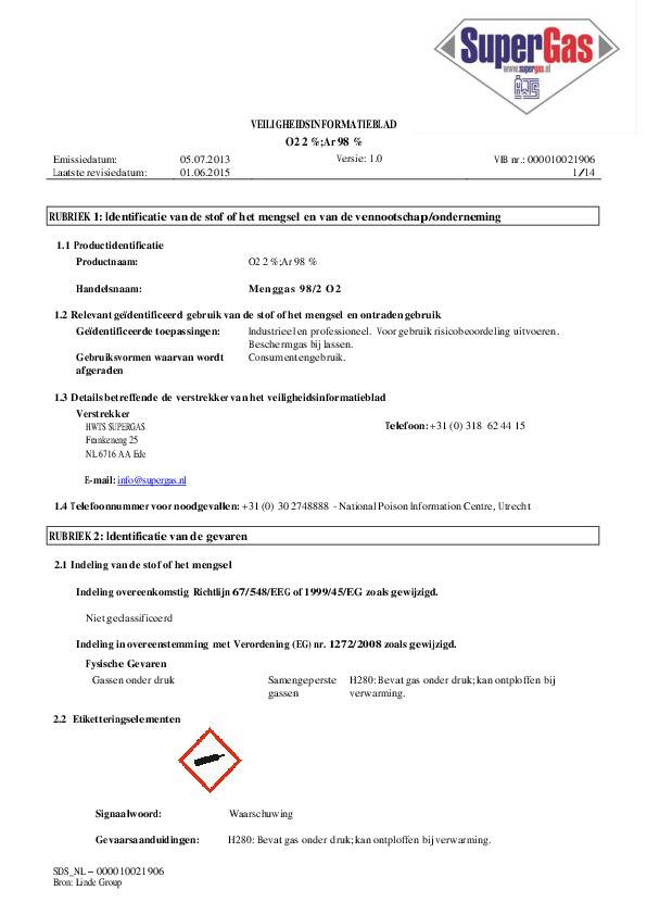 ADR ARGON-KOOLDIOXIDE 98/2